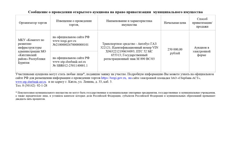 Сообщение о проведении открытого аукциона на право приватизации муниципального имущества. Сообщение о проведении открытого аукциона на право приватизации муниципального имущества.